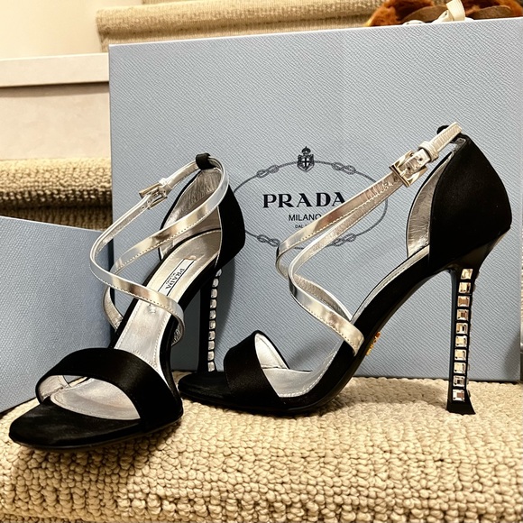 Prada Black Silver Satin Leather Diamond Jeweled CrissCross Ankle Strap Sandals - Picture 1 of 12